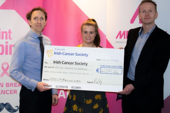 Karina Toolan of the Irish Cancer Society was presented with a cheque by Group Finance Director Ronan Lynch and Head of Risk and Corporate Development Patrick Hickey-Dwyer