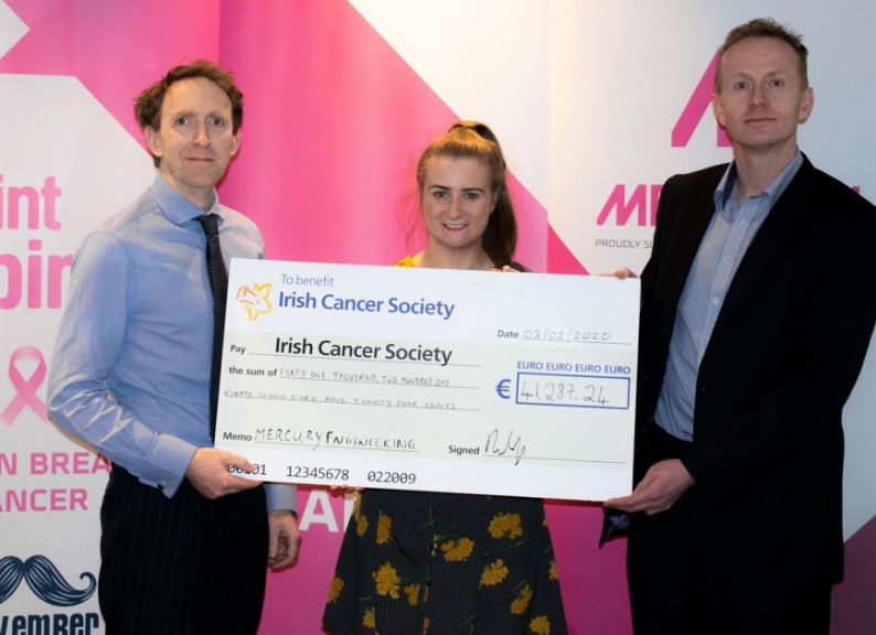 Karina Toolan of the Irish Cancer Society was presented with a cheque by Group Finance Director Ronan Lynch and Head of Risk and Corporate Development Patrick Hickey-Dwyer