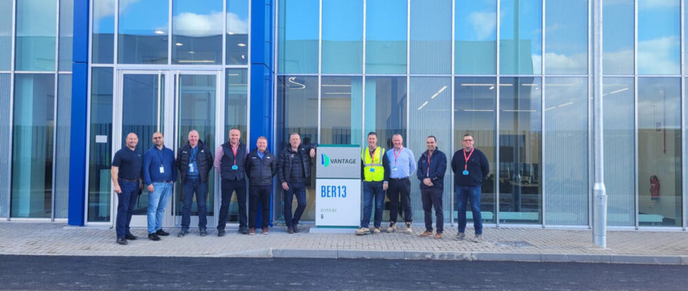 Pictured above (L-R): Paul Alcock, Project Manager (Vantage), Akman Ozen, Site Operations Director (Vantage), Colm Fagan, EMEA Construction Director (Vantage), Eoin Vaughan, CEO, Mercury, Darragh Blaine, Director Construction Berlin (Vantage), Justin Jenkins, COO, Vantage EMEA, Alan Gorman, Managing Director, EDC, Seamus Reilly, Operations Director EDC, Domenic Cunningham, BU Lead & Trevor Downes, Construction Manager.